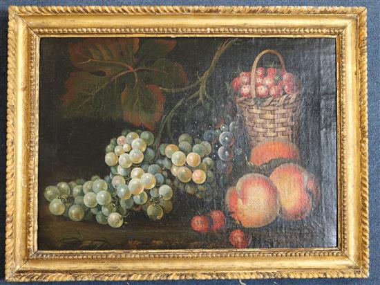 Early 19th century English School Still life of fruit and strawberries in a basket 12 x 17in.